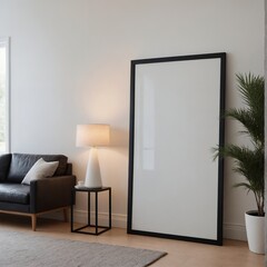 A modern living room with a black sofa interior design mock-up template with an empty poster frame on a wall 3d illustration, interior design mock-up image.