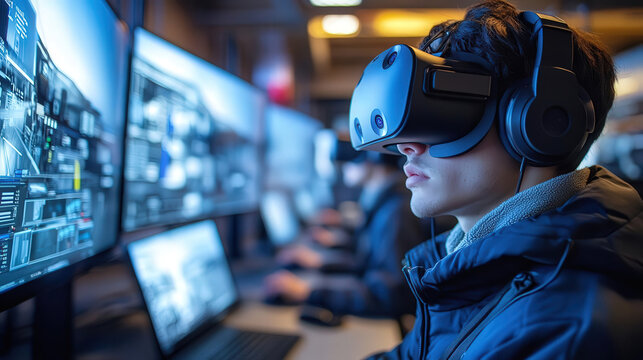 A focused individual wearing a virtual reality headset, engaging with multiple screens in a high-tech environment.