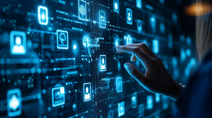 Hand touch visual screen to oversee talent acquisition strategies using AI-powered tools.