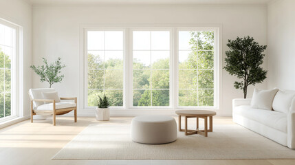 Fototapeta premium A bright and airy living room featuring large windows that offer view of lush greenery. space includes comfortable white sofa, round coffee table, and stylish plants, creating serene atmosphere