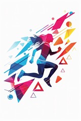 Abstract illustration of a woman running with a colorful geometric design in the background.