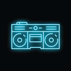 Blue neon sign representing a boombox playing music, with black background