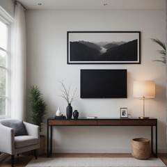 A modern living room interior design mock-up template with an empty screen LED TV on a wall 3d illustration, interior design mock-up image.