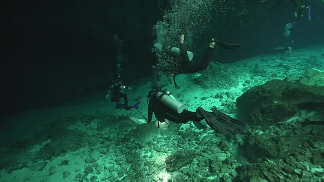 Deep in dark underwater cave Cenote Mexico Scuba dive Dos Ojos 2