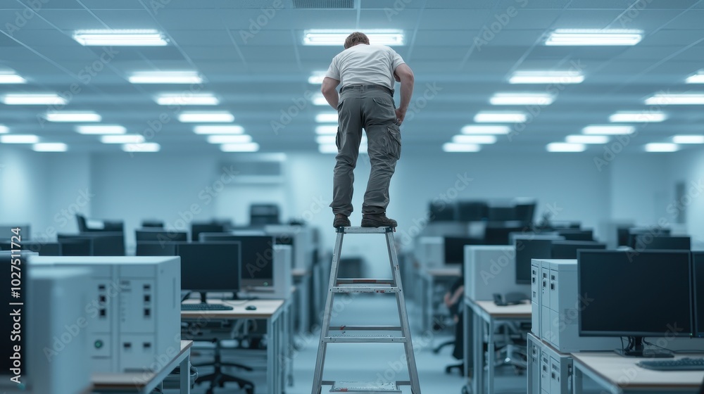 Wall mural office worker standing on a ladder without proper safety gear fixing lights creating unsafe acts in 