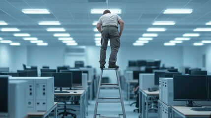 Office worker standing on a ladder without proper safety gear fixing lights creating unsafe acts in the workplace