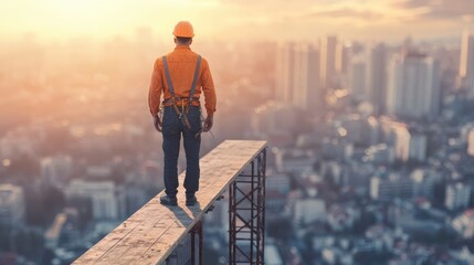 Construction worker standing on narrow beam at a great height without safety harness illustrating unsafe acts on high-rise building