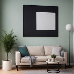 A modern living room interior design mock-up template with an empty poster frame on a light green wall 3d illustration, interior design mock-up image.