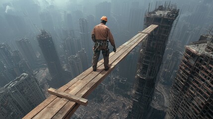 Worker balancing on a narrow plank between two structures without protective gear depicting unsafe working acts