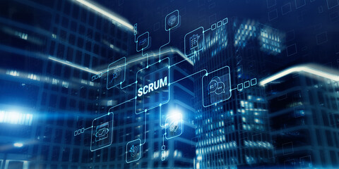 SCRUM. Development methodology, programming and application design technology concept on city...