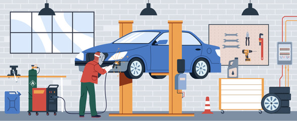 Welder is working. Man patches car with welding, professional in auto repair shop, gas cylinder, sparks, working equipment for repairing automobile, nowaday vector cartoon flat isolated concept