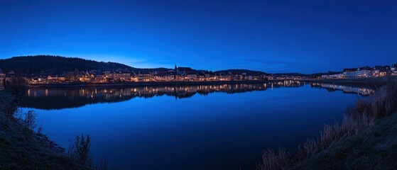 Obraz premium A Twilight Reflection of a Town on a River