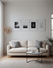 A modern living room with a white sofa interior design mock-up template with an empty poster frame on a wall 3d illustration, interior design mock-up image.