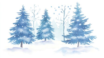 Obraz premium Blue watercolor trees in a snowy landscape, serene winter scene, white isolated background.