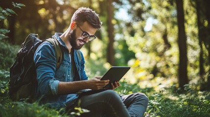 Fototapeta premium A learner accessing e-learning modules on a tablet in a relaxed outdoor setting.
