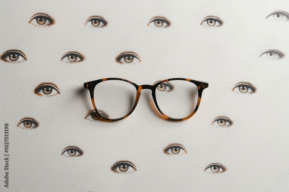 Aufkleber stylish eyeglasses rest on a chic background adorned with artistic eye designs, merging fashion with