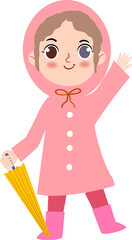 Cute Girl Kid In Pink Raincoat Illustration