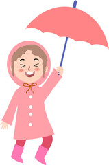 Cute Girl Kid In Pink Raincoat Illustration