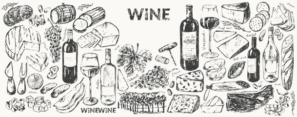 Vector wine background. Wine bottle, wineglass, snack, cork, corkscrew, vine, cheese, bread