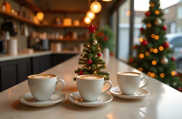 Fototapeta premium Delicious hot cappuccino on the table in a coffee shop on the background of a Christmas tree. Meeting with friends in a decorated cafe for the new year