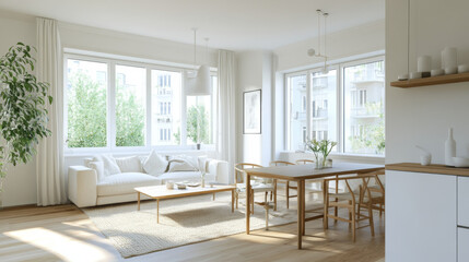 Fototapeta premium A bright and airy living room featuring cozy white sofa, wooden dining table, and large windows that invite natural light. space is adorned with greenery, creating serene atmosphere