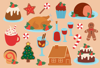 Set of Christmas Food elements. Winter holidays Dishes. Vector flat illustration.