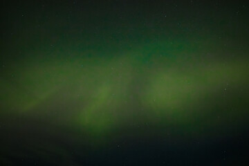 A peaceful display of the Aurora Borealis casts soft green light across the starry night sky. The gentle glow blends into the dark background, creating a serene and ethereal atmosphere.