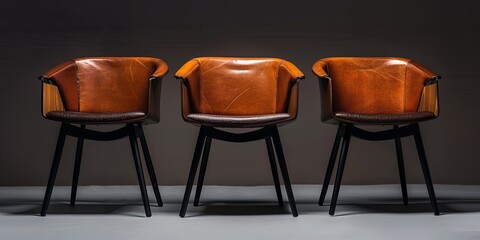 Three brown leather chairs with black legs and wooden armrests.