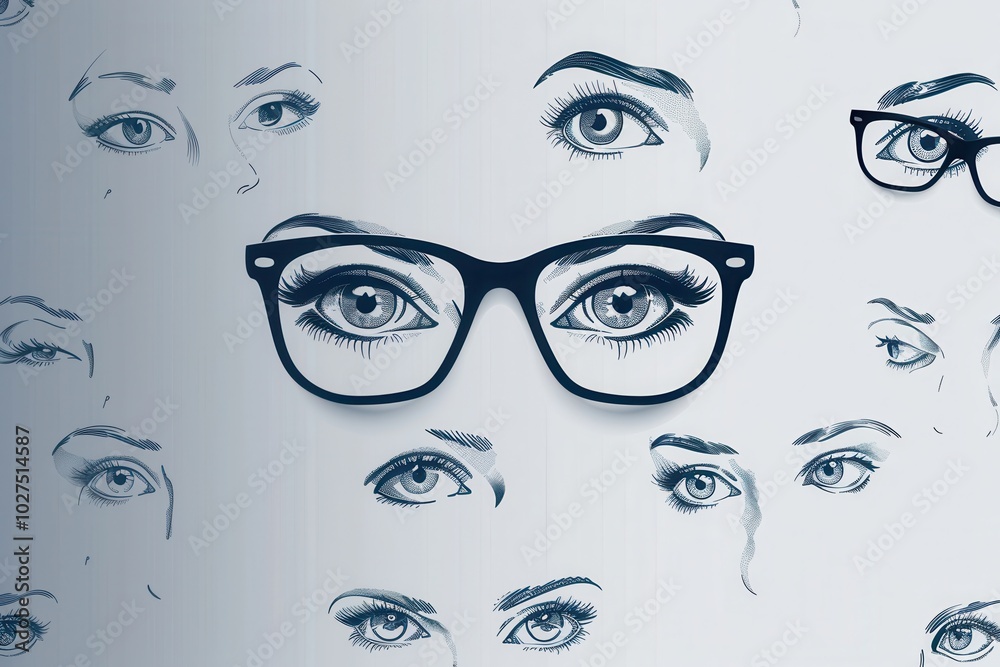 Aufkleber eyeglasses are centered against a stylish backdrop of multiple illustrated eyes, creating an engagin
