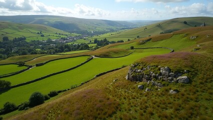 Obraz premium Tranquil Irish countryside with green hills stone fences and wildflowers