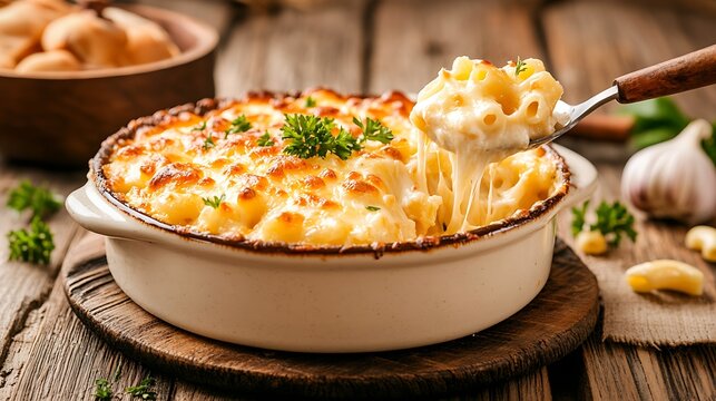 Creamy mac and cheese in a white bowl, with gooey cheese strings stretching as a spoon scoops a portion, placed on a rustic wooden table.