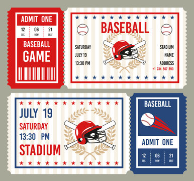Vintage baseball tickets. Championship invitational cards, american sports game, themed events coupons, helmet, bats, balls, tournament or cup admission card, entrance pass tidy vector set