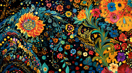 Intricately Detailed Persian Miniature Painting with Vibrant Colors Set Against a Deep Black Background