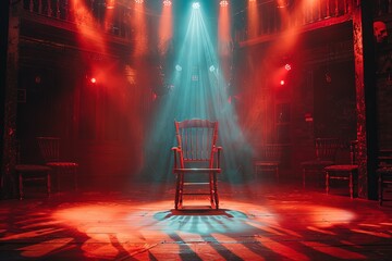 Wooden chair on the burlesque style stage, the lighting comes from the back of the stage with lots of light, Generative Ai 