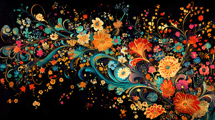 Intricately Detailed Persian Miniature Painting with Vibrant Colors Set Against a Deep Black Background