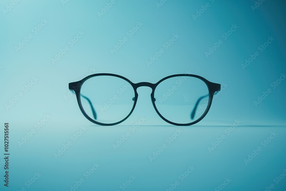 Aufkleber black eyeglasses sit centered on a smooth surface, highlighted by a calming blue backdrop that enhan