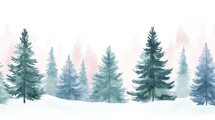 Fototapeta premium Snowy forest landscape with tall pine trees on a serene winter day.