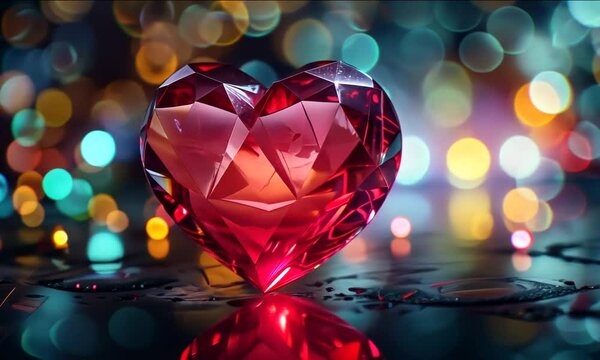 video greeting card with glass heart figurine rotating on shimmering multicolored bokeh background. concept of congratulations on valentine's day