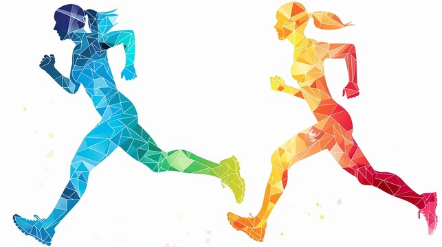 Two women running side by side in a geometric pattern.  The woman on the left is blue and green, the woman on the right is red and yellow. Both have ponytails and are wearing sneakers. 