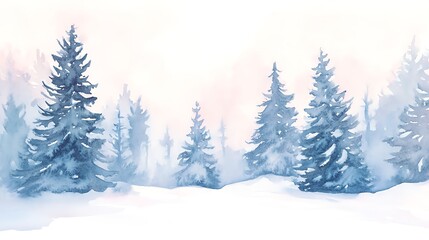 Obraz premium Snowy forest scene with evergreen trees and soft pastel background.