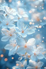 Beautiful white flowers on a blue background with bokeh lights