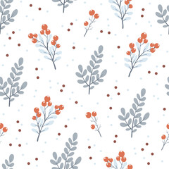 Winter seamless pattern with leaves and berries on white background, vector design for wallpapers, wrapping paper, fabric