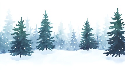 Snowy winter landscape with evergreen trees in a serene, tranquil setting.