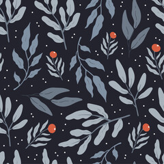 Winter seamless pattern with leaves and berries on dark background, vector design for wallpapers, wrapping paper, fabric, texture print