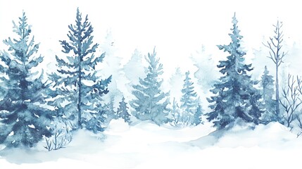 Snowy winter landscape with evergreens, peaceful serene white background.