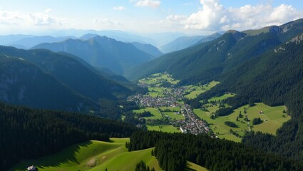 Obraz premium Aerial view of Swiss Jura Mountains with lush forests villages and farmland