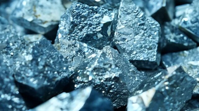 pile of platina ore ,  zoom in. 4K. Platinum is a transition metal that is silvery white, dense, soft and easy to shape. Platinum has extraordinary catalytic properties and is used in various industri