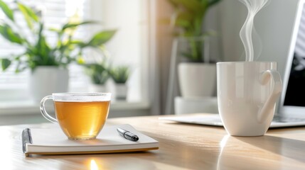Serene Minimalist Workspace with Journal, Pen, Herbal Tea, and Sunlight Streaming Through Window
