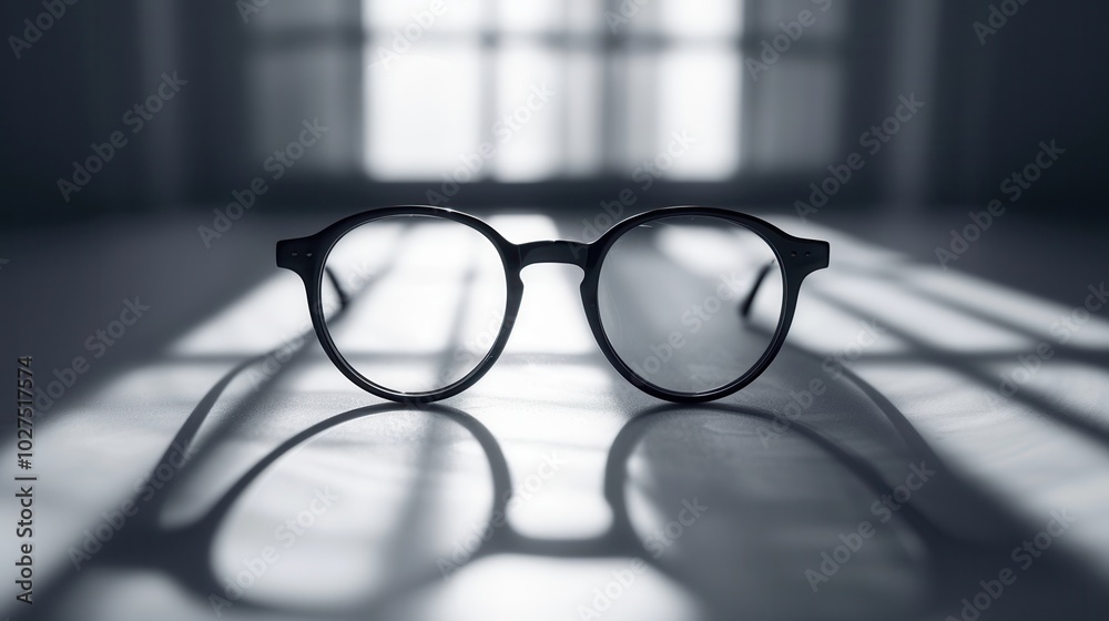 Leinwandbilder A pair of eyeglasses sits on a surface, casting interesting shadows created by the sunlight filtering through adjacent windows. Generative AI