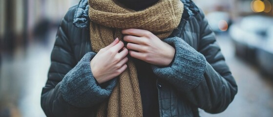 Person Adjusting Jacket and Wrapping Scarf